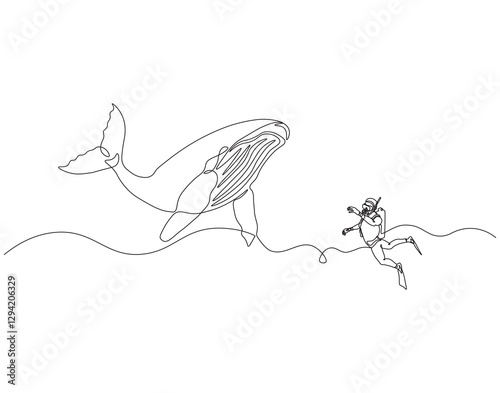 Continuous one line drawing of scuba diver diving with whale. One line drawing illustration of scuba diver swim with whale. Diving with marine animal concept single line. Editable outline