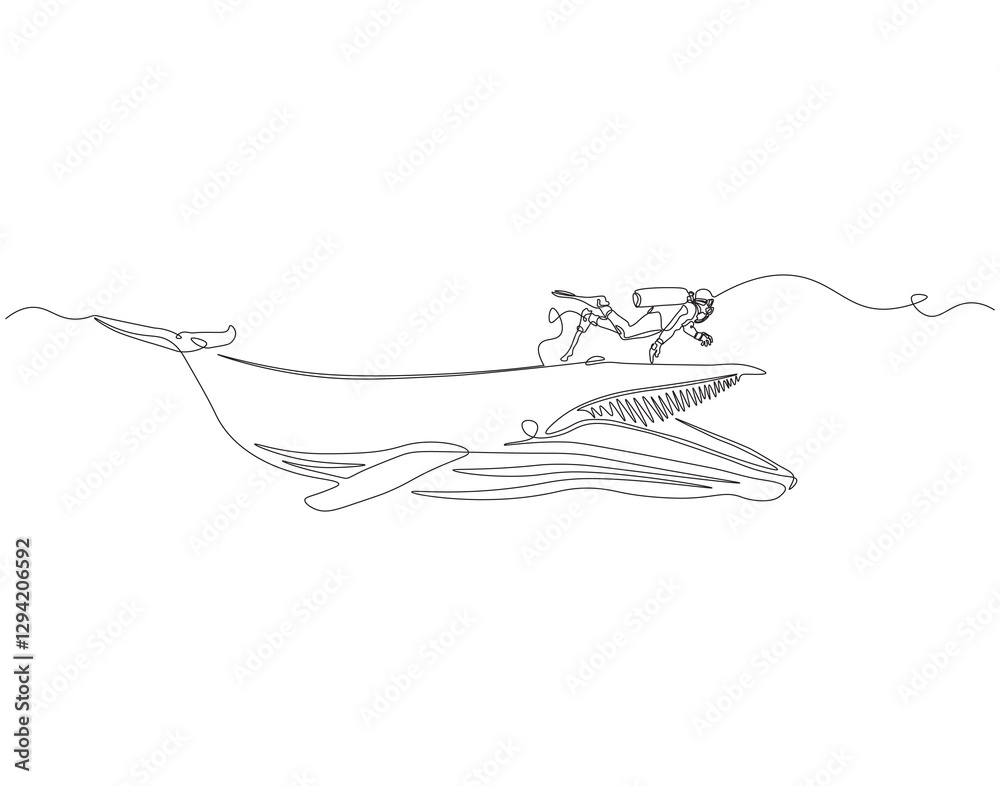 Fototapeta premium Continuous one line drawing of scuba diver diving with whale. One line drawing illustration of scuba diver swim with whale. Diving with marine animal concept single line. Editable outline