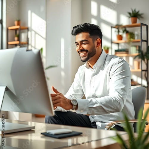 Wallpaper Mural Un hombre hispano que tiene una reunión de negocios en línea en la oficina. El hombre viste una camisa de vestir blanca y pantalón negro. El hombre está sonriendo Torontodigital.ca