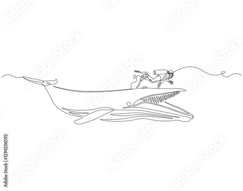 Continuous one line drawing of scuba diver diving with whale. One line drawing illustration of scuba diver swim with whale. Diving with marine animal concept single line. Editable outline