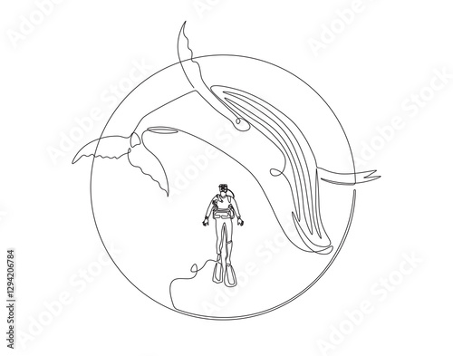 Continuous one line drawing of scuba diver diving with whale. One line drawing illustration of scuba diver swim with whale. Diving with marine animal concept single line. Editable outline