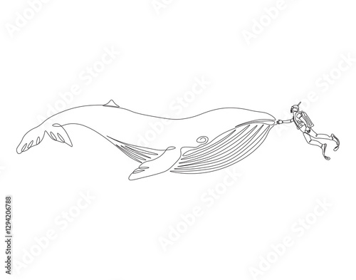Continuous one line drawing of scuba diver diving with whale. One line drawing illustration of scuba diver swim with whale. Diving with marine animal concept single line. Editable outline