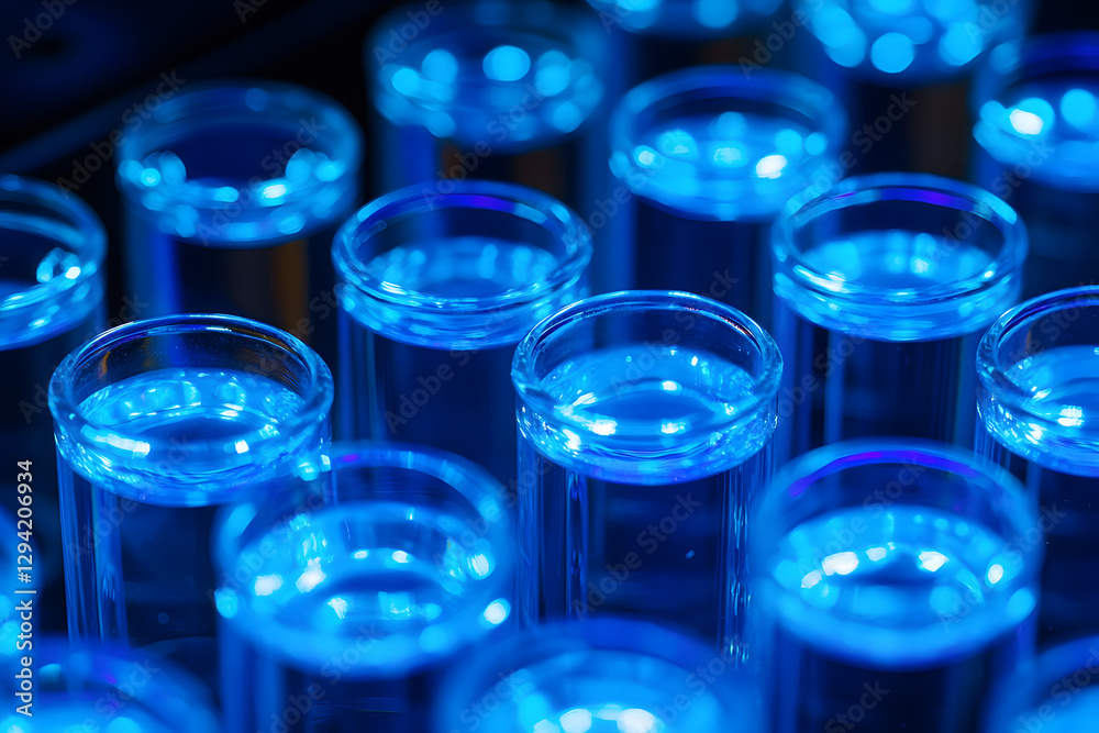Multiple transparent glass test tubes filled with liquid, illuminated by vibrant blue neon light, representing scientific research, medical analysis, and biotechnology innovation, blurred background. Multiple transparent glass test tubes filled with liquid, illuminated by vibrant blue neon light, representing scientific research, medical analysis, and biotechnology innovation, blurred background.