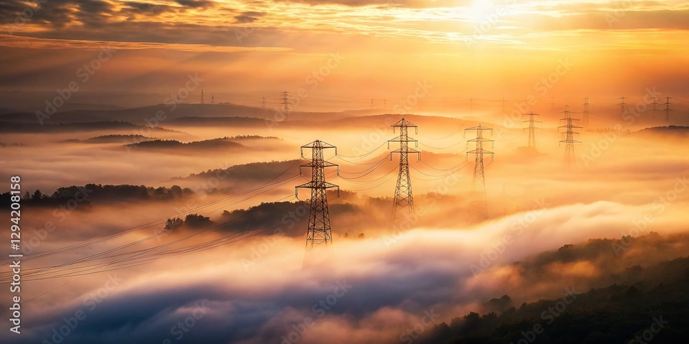 Obraz premium Misty Morning Power Lines: Aerial View of Energy Infrastructure in Fog