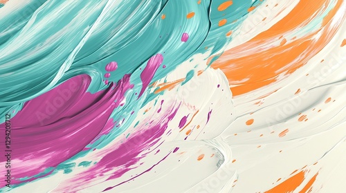 Cascading waves of soft magenta and teal brush strokes interlaced with minimalistic orange and pale cream paint splatters