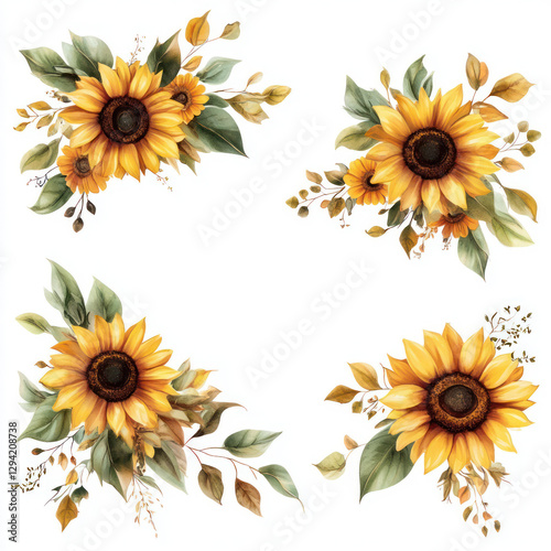 set of sunflowers isolated