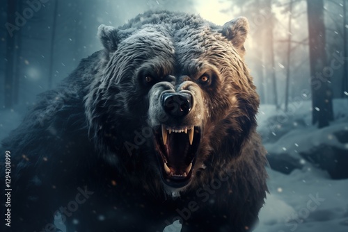 Angry bear in the winter forest