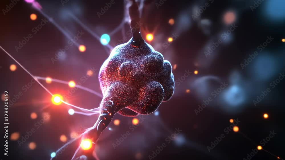 Exploration of a neuron structure showing synaptic connections and glowing activity