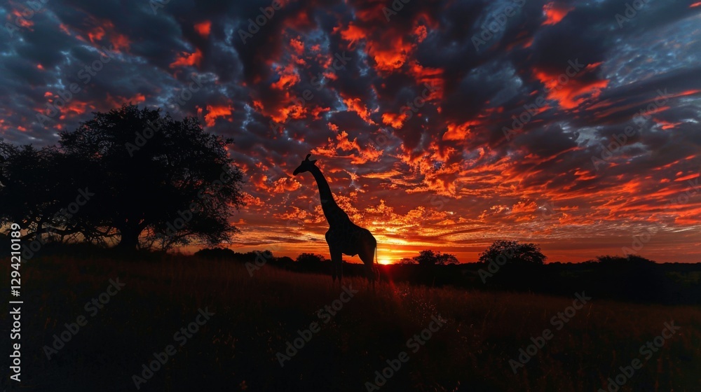 Fototapeta premium A tall giraffe stands gracefully amidst grass as the sun sets, casting vibrant hues of orange and red across the dramatic sky, creating a serene and picturesque atmosphere.