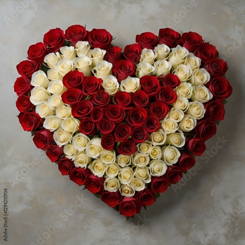 A heart-shaped arrangement of roses with alternating red and white petals radiating elegance on a bright white background.