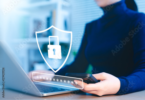 Cybersecurity concept. Lock icon and password input. Woman using laptop with shield icon representing cyber security, online security measures, password protection, data privacy, scam, Internet fraud,