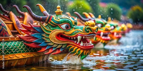 Dragon Boat Race: Close-Up View of Dragon Boat Head in Water