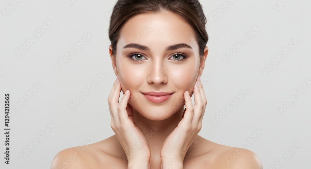 Smiling Woman with Perfect Skin Touching Face: Beauty Portrait for Skincare and Cosmetics on White Background Smiling Woman with Perfect Skin Touching Face: Beauty Portrait for Skincare and Cosmetics on White Background