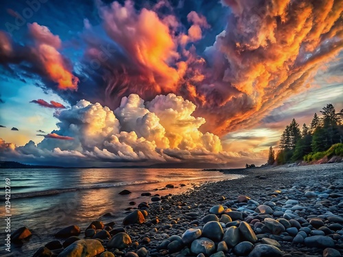 Dramatic Clouds over Rocky Goose Spit Beach, Vancouver Island, BC photo