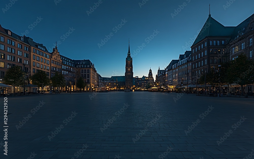Fototapeta premium European City Square at Dusk, Empty, Wide, Tranquil