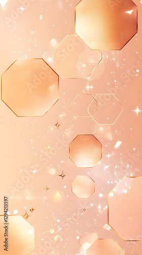 Background vector with hexagon shapes in a light peach color and golden lines

