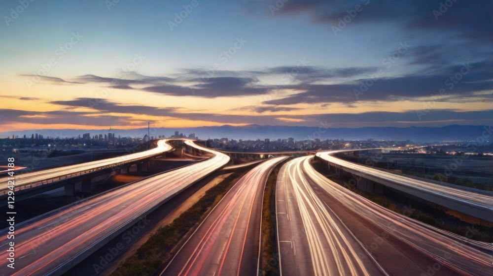 A dynamic time-lapse photograph of the freeway. High-Speed Concept Image at Dusk. A dynamic time-lapse photograph of the freeway. High-Speed Concept Image at Dusk.
