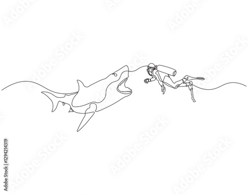 Continuous one line drawing of scuba diver diving with shark. One line drawing illustration of scuba diver swim with shark. Diving with marine animal concept single line. Editable outline