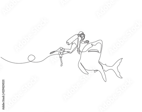 Continuous one line drawing of scuba diver diving with shark. One line drawing illustration of scuba diver swim with shark. Diving with marine animal concept single line. Editable outline
