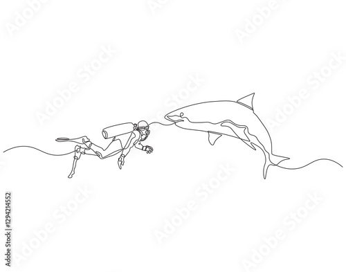 Continuous one line drawing of scuba diver diving with shark. One line drawing illustration of scuba diver swim with shark. Diving with marine animal concept single line. Editable outline