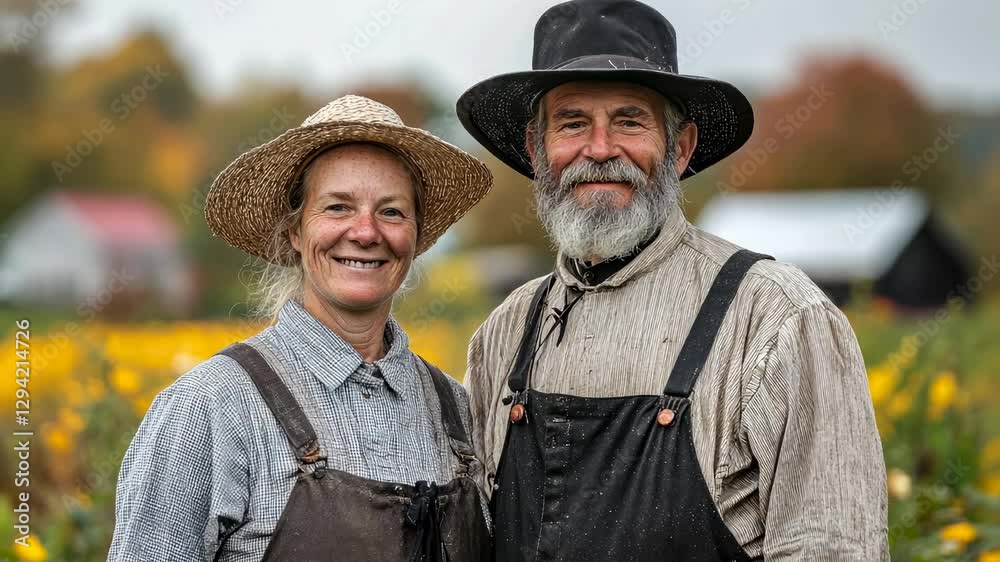 smiling man and woman farmers on farm background, family, household, spouses, traditional amish settlement, retirement lifestyle