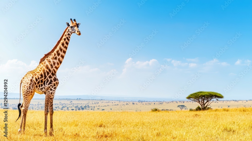 Obraz premium Giraffe in Savanna: A majestic giraffe stands tall in the vast African savanna, with a vibrant blue sky and acacia tree.