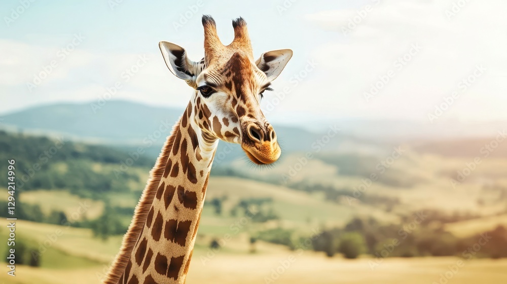 Giraffe's Gentle Gaze: A majestic giraffe's head and neck, showcasing its intricate patterned coat against a blurred landscape of rolling hills and a bright sky, conveying a sense of peace. Giraffe's Gentle Gaze: A majestic giraffe's head and neck, showcasing its intricate patterned coat against a blurred landscape of rolling hills and a bright sky, conveying a sense of peace.