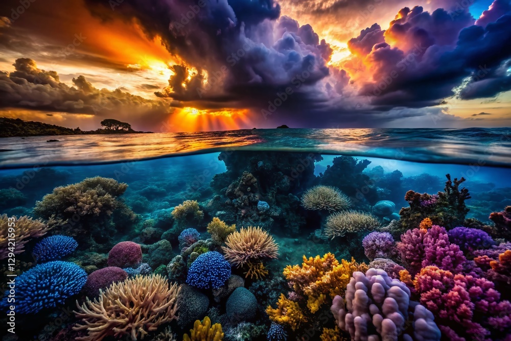 Naklejka premium Dramatic Low Light Stormy Sky over Coral Reef, Ocean Scene