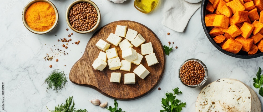 Fototapeta premium Assorted Plant-Based Ingredients Displayed on a Flat Surface for Culinary Preparation and Recipe Development