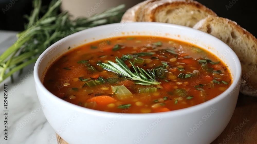 Delicious Plant-Based Lentil Soup with Carrots and Fresh Herbs Served in a Bowl Accompanied by Slices of Bread Delicious Plant-Based Lentil Soup with Carrots and Fresh Herbs Served in a Bowl Accompanied by Slices of Bread