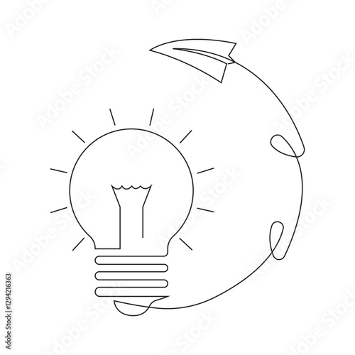 Paper plane flying up connected with light bulb in continuous one line drawing.