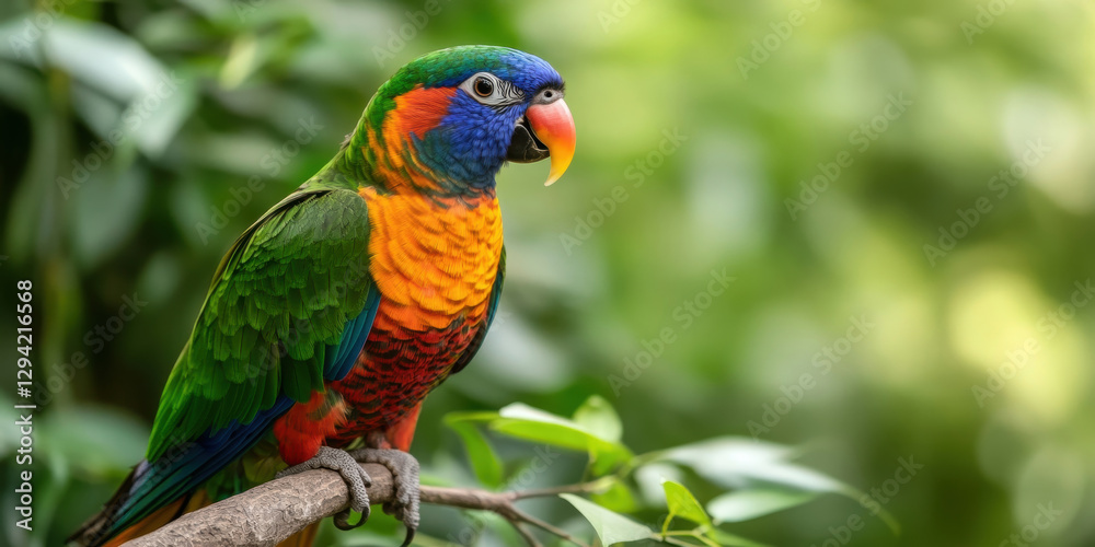 Naklejka premium Vibrant Rainbow Lorikeet Perched on Branch in Lush Greenery
