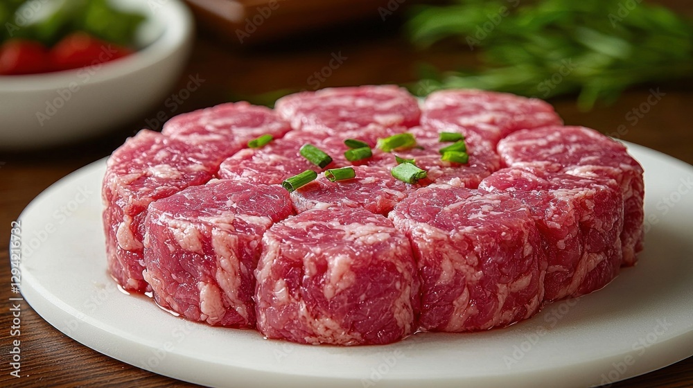 High Resolution Macro Photograph of Raw Ground Pork on Plate with Green Garnish in Kitchen Setting High Resolution Macro Photograph of Raw Ground Pork on Plate with Green Garnish in Kitchen Setting