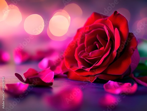 A single red rose with scattered petals creates a romantic atmosphere under soft, glowing lights.