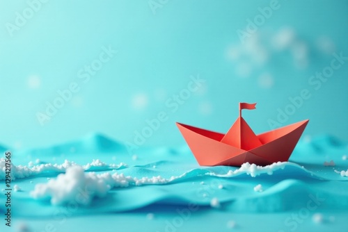 A coral origami boat sails on a turquoise sea of stylized waves, navigating a serene landscape of miniature clouds.