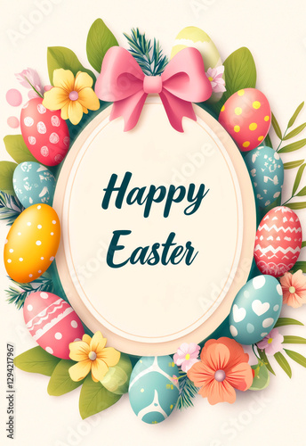 Celebrate spring with colorful Easter eggs and floral decorations for a festive holiday atmosphere. Generative AI