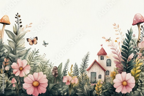 Whimsical floral scene with cottage nature digital art enchanted garden aerial view serenity