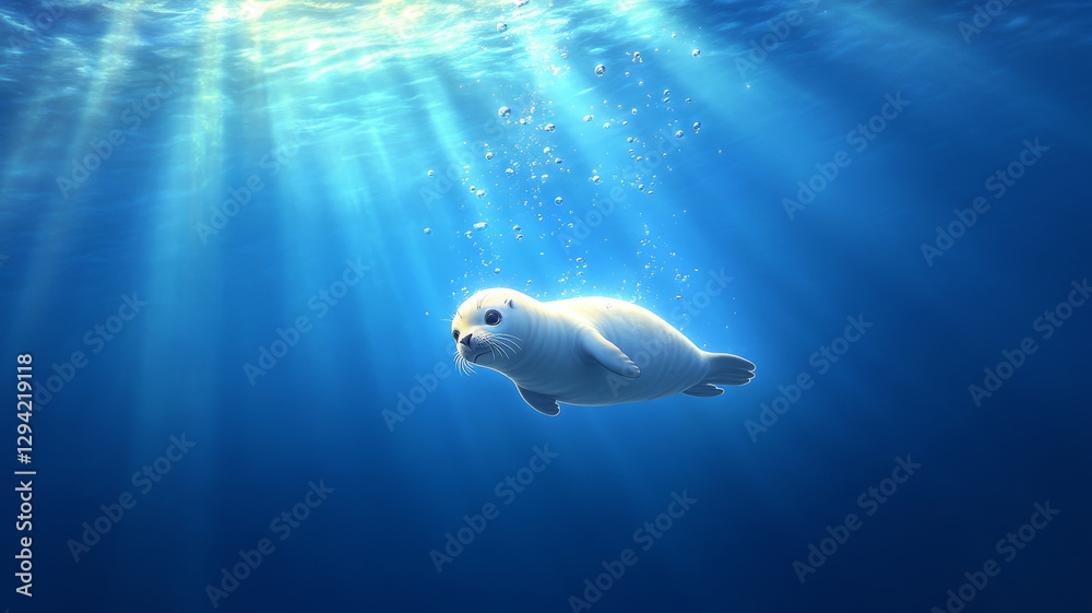 Obraz premium baby seal floats serenely in crystal clear water, surrounded by sunlight. Its playful demeanor adds sense of joy to tranquil underwater scene
