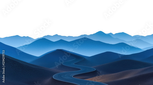 Curved mountain road winding through misty blue hills creates serene atmosphere