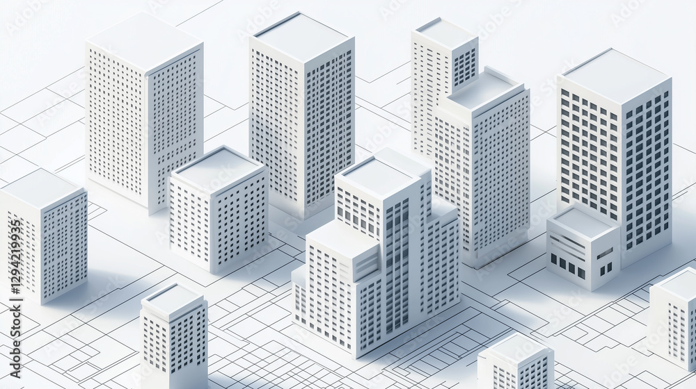 A meticulously detailed, architectural isometric view of a city block, clean and minimalist, featuring several modern skyscrapers and buildings, all rendered in a light gray, A meticulously detailed, architectural isometric view of a city block, clean and minimalist, featuring several modern skyscrapers and buildings, all rendered in a light gray,