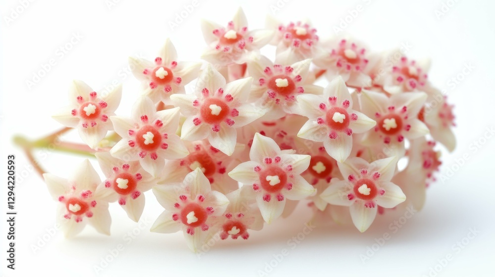 Obraz premium Hoya Flowers Close-up on White Background. Elegant and Beautiful Red and Pink Flowers with Nectar