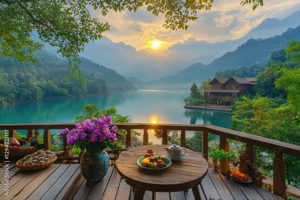 Fototapeta premium Serene sunrise over tranquil lake scenic viewpoint nature photography peaceful environment