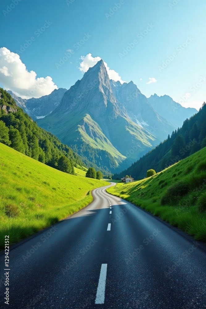 Serene Winding Road Through Verdant Valley, Majestic Mountains in Background, Sunny Day Serene Winding Road Through Verdant Valley, Majestic Mountains in Background, Sunny Day