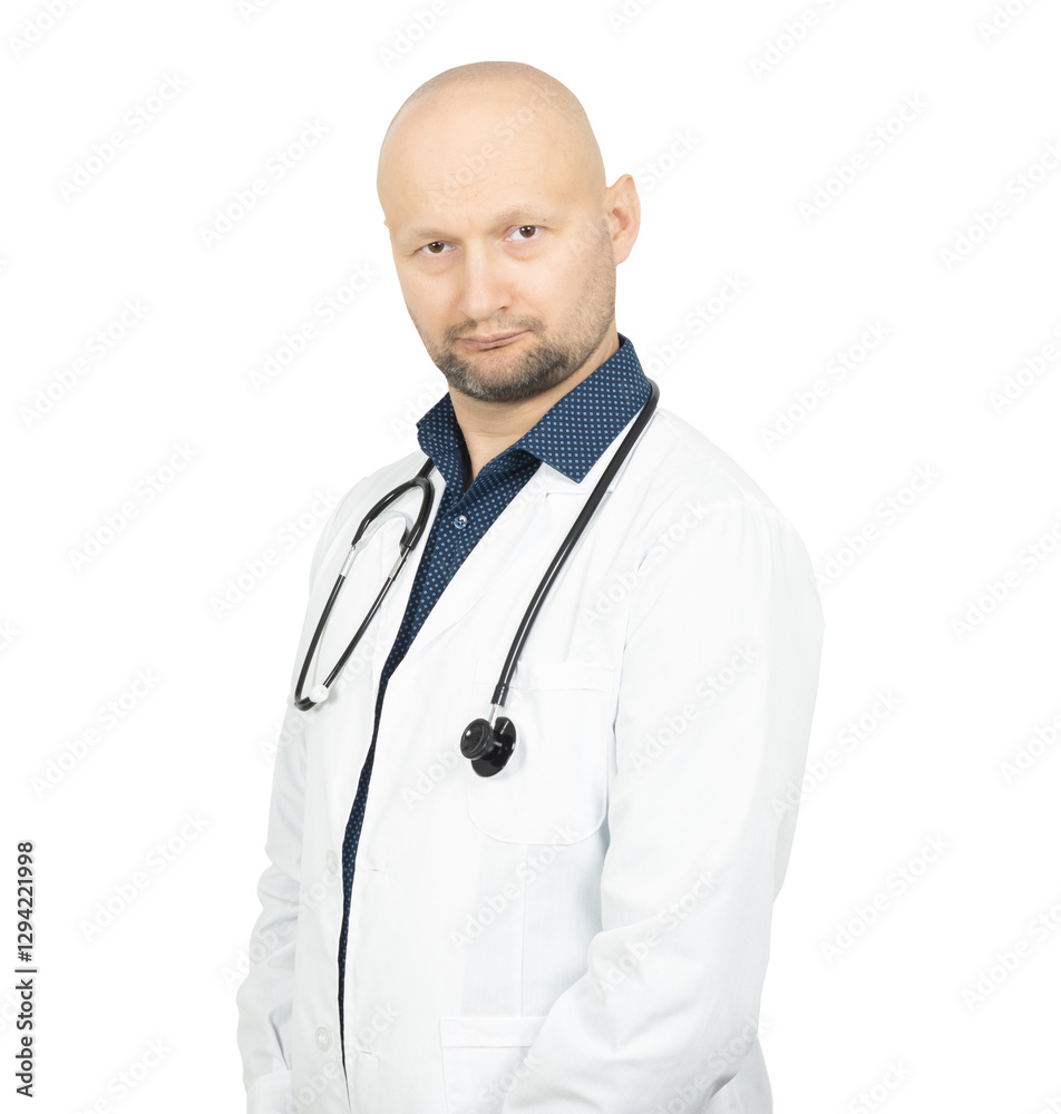 Confident Doctor Posing in White Coat with Stethoscope Confident Doctor Posing in White Coat with Stethoscope