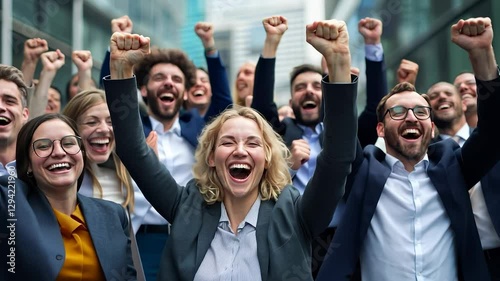 Group of business people raising their hands. Crowd of business people cheering on the team. Businessmen working together at the office. A group of professionals is lifting their hands lifestyle.