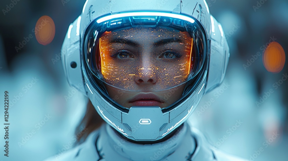Sci-fi suit, woman, holographic computer, headset Sci-fi suit, woman, holographic computer, headset