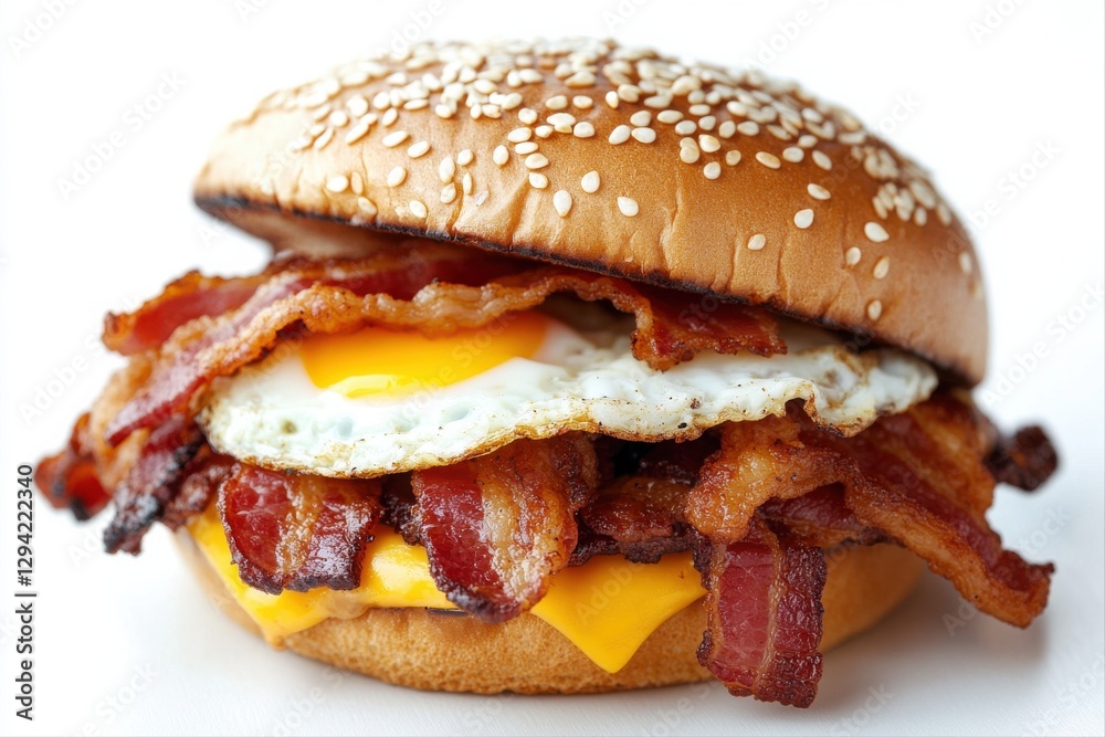 Culinary delight close-up of a bacon and egg breakfast sandwich in bright lighting Culinary delight close-up of a bacon and egg breakfast sandwich in bright lighting