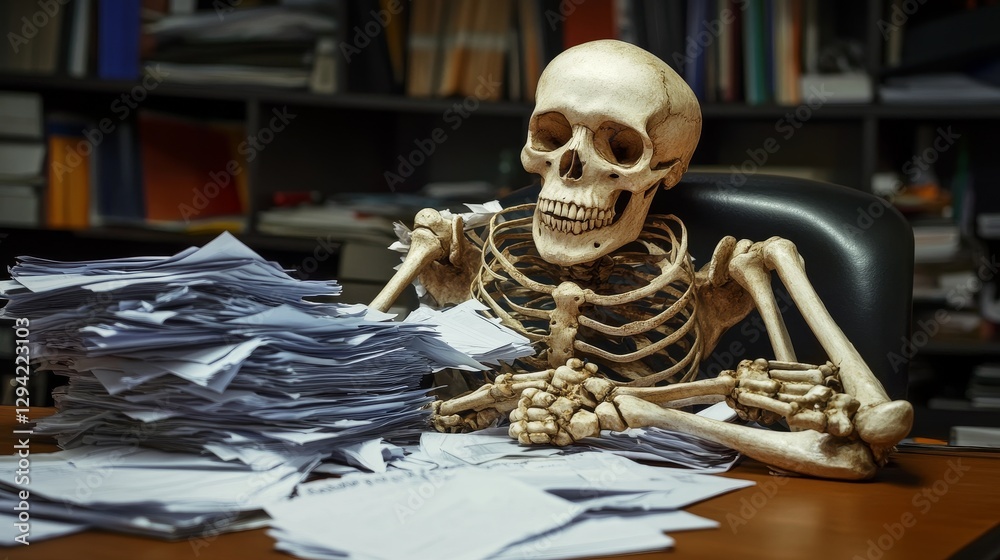 Obraz premium Skeleton sits at desk covered in paperwork