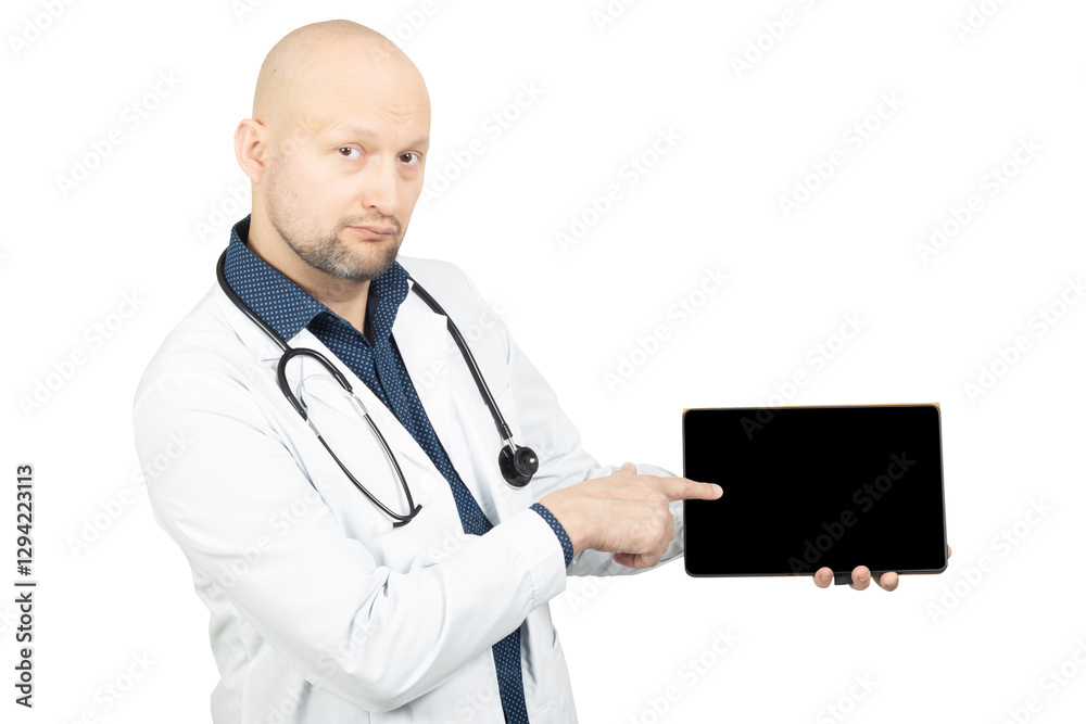 Doctor Pointing at Medical Information on a Tablet Screen Doctor Pointing at Medical Information on a Tablet Screen