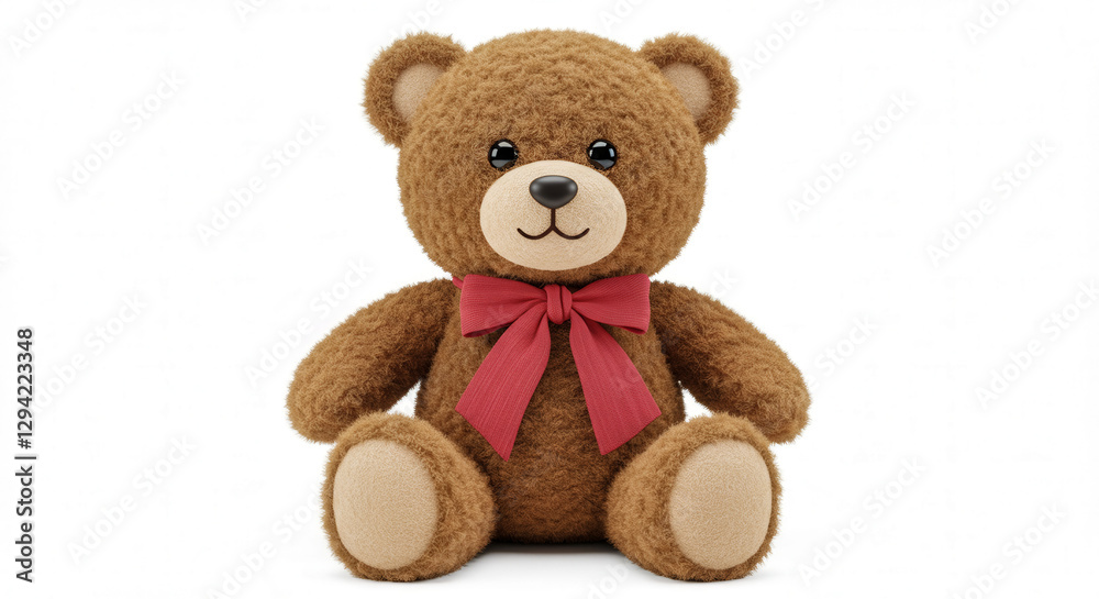 Obraz premium A teddy bear with a red bow around its neck. The bear is sitting on a black background